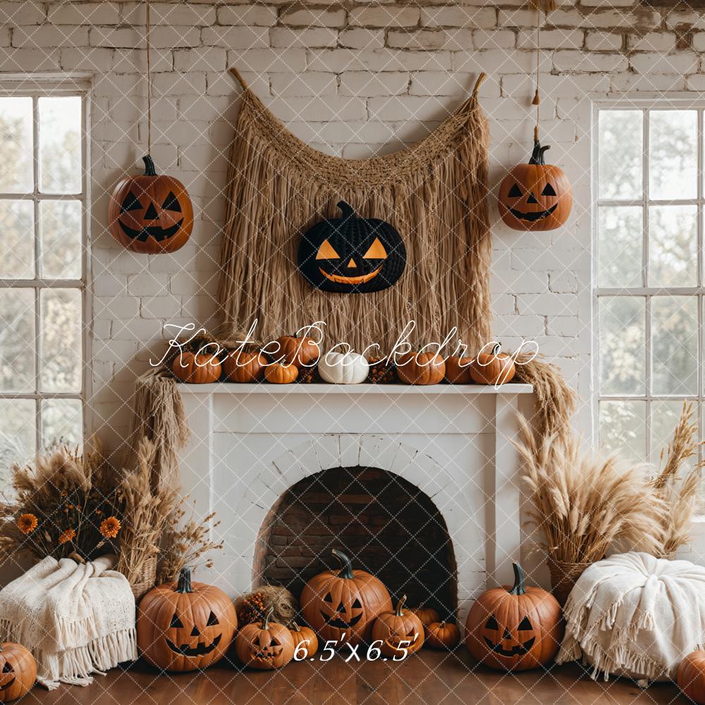 Kate Halloween Pumpkin White Fireplace Boho Backdrop Designed by Emetselch - Image 2