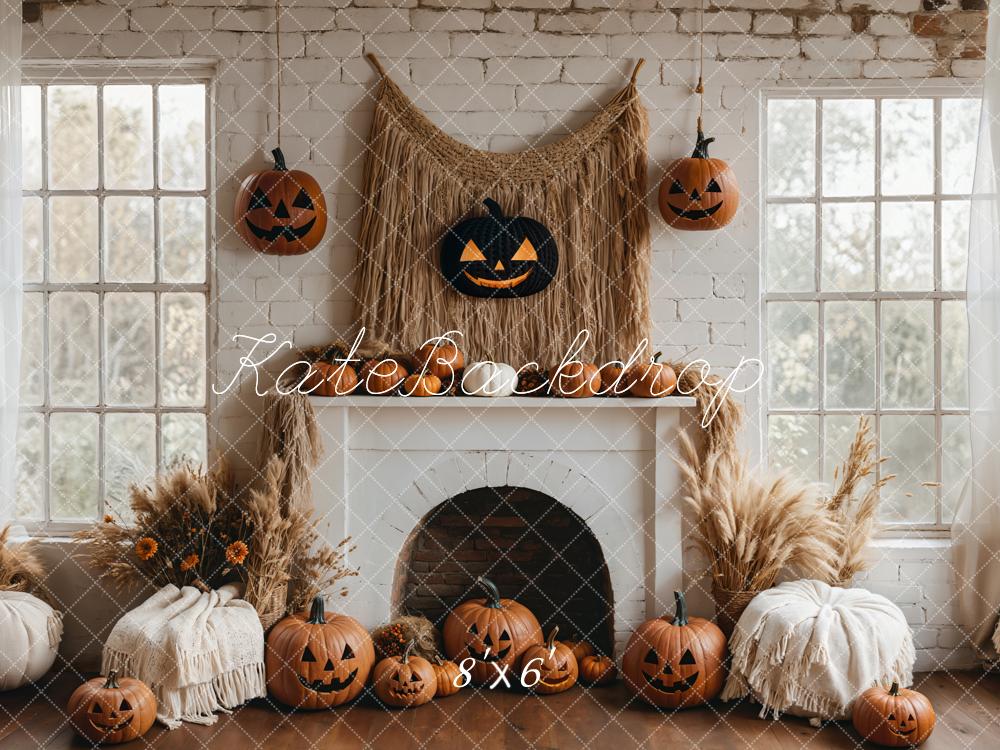 Kate Halloween Pumpkin White Fireplace Boho Backdrop Designed by Emetselch - Image 3