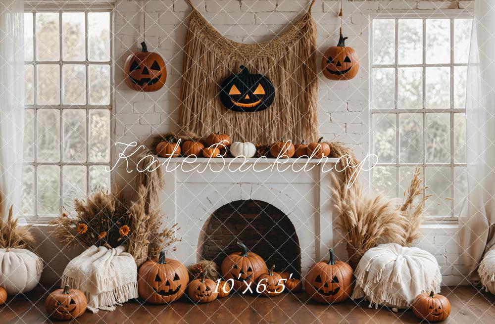 Kate Halloween Pumpkin White Fireplace Boho Backdrop Designed by Emetselch - Image 4