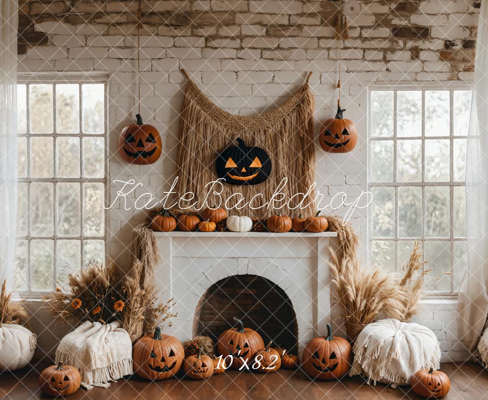 Kate Halloween Pumpkin White Fireplace Boho Backdrop Designed by Emetselch - Image 5