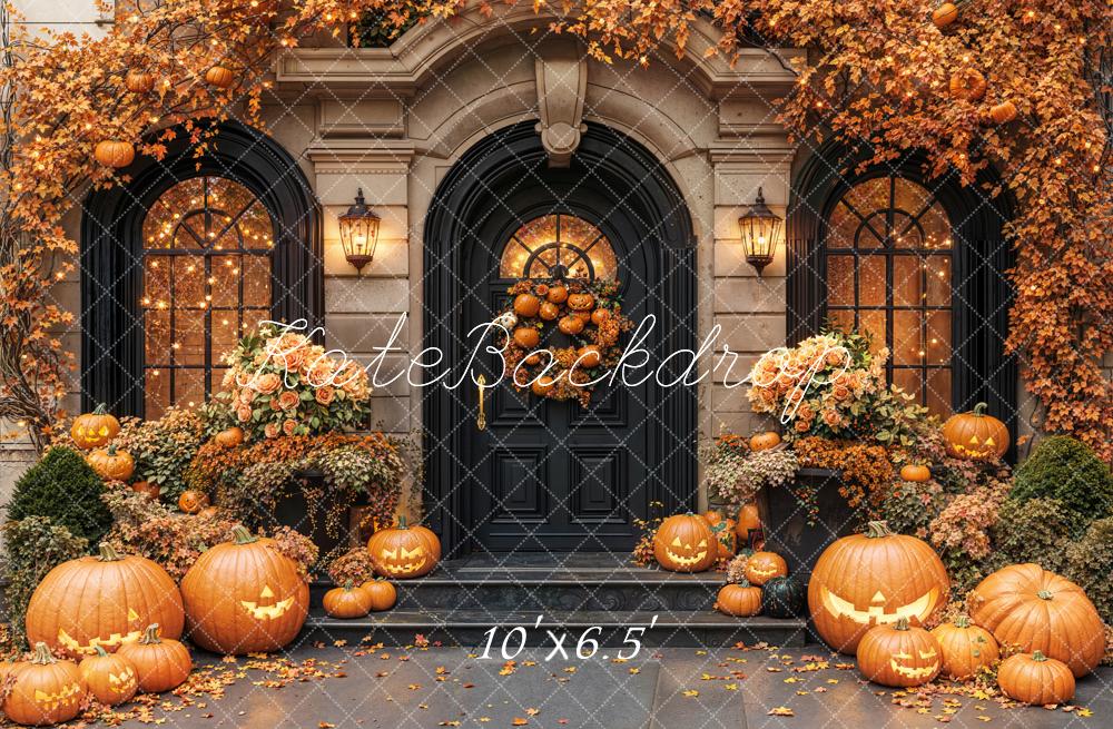 Kate Halloween Pumpkins Autumn Porch Fleece Backdrop Designed by Emetselch - Image 2