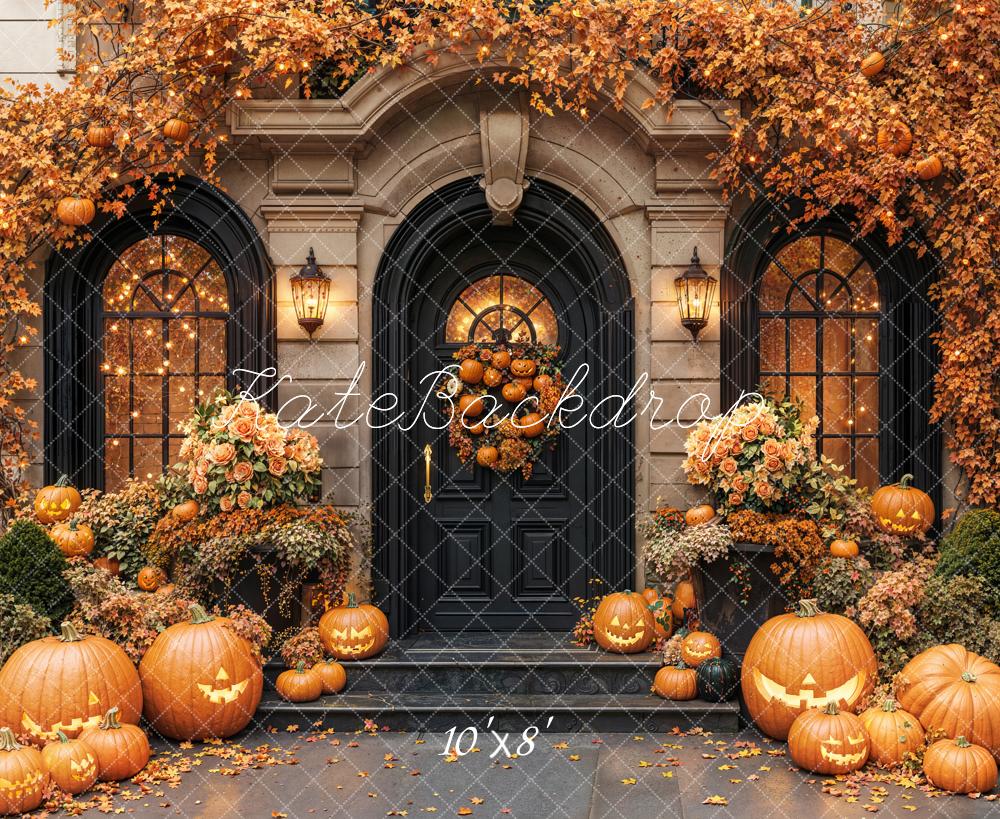 Kate Halloween Pumpkins Autumn Porch Fleece Backdrop Designed by Emetselch - Image 3