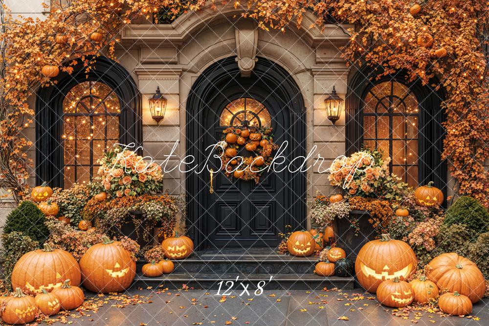 Kate Halloween Pumpkins Autumn Porch Fleece Backdrop Designed by Emetselch - Image 4