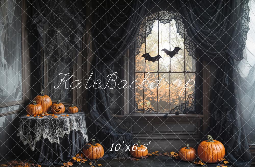 Kate Halloween Pumpkins Bats Cobweb Fleece Backdrop Designed by Emetselch - Image 2