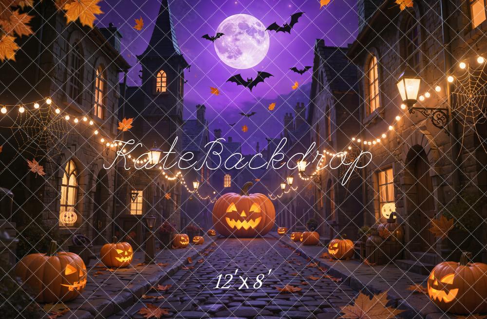 Kate Halloween Pumpkins Bats Purple Night Fleece Backdrop Designed by Emetselch - Image 2