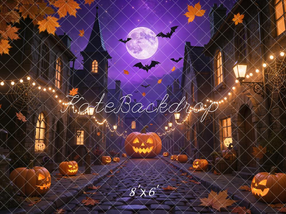 Kate Halloween Pumpkins Bats Purple Night Fleece Backdrop Designed by Emetselch - Image 3