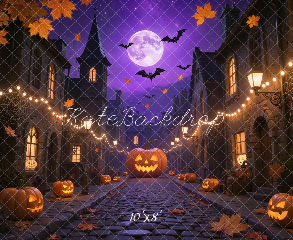 Kate Halloween Pumpkins Bats Purple Night Fleece Backdrop Designed by Emetselch - Image 4