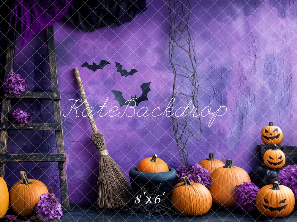Kate Halloween Pumpkins Broom Ladder Purple Wall Backdrop Designed by Patty Robert - Image 3
