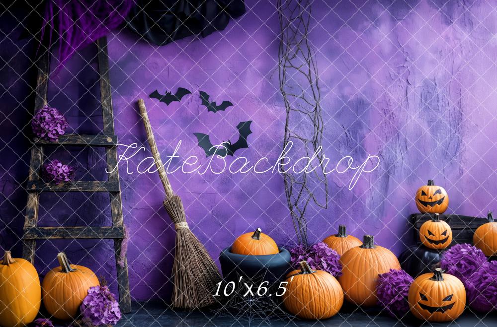 Kate Halloween Pumpkins Broom Ladder Purple Wall Backdrop Designed by Patty Robert - Image 4