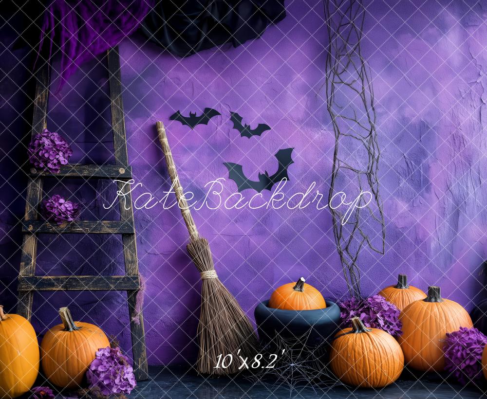 Kate Halloween Pumpkins Broom Ladder Purple Wall Backdrop Designed by Patty Robert - Image 6