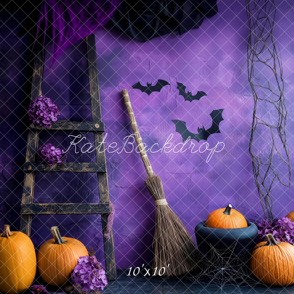 Kate Halloween Pumpkins Broom Ladder Purple Wall Backdrop Designed by Patty Robert - Image 7