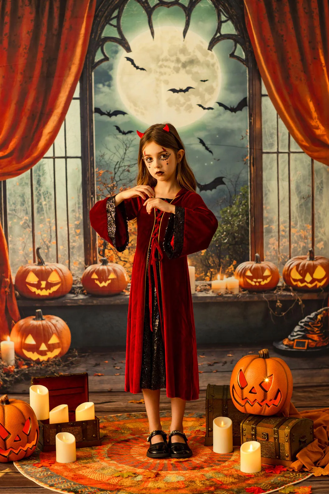 Kate Halloween Pumpkins Candles Window Backdrop Designed by Chain Photography - Image 2