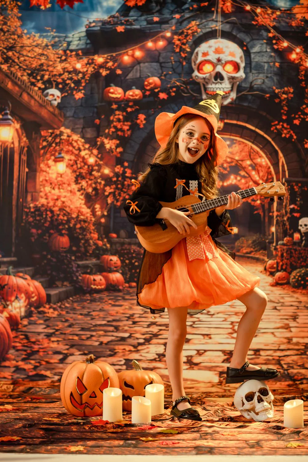 Kate Halloween Pumpkins Skull Cobblestone Path Backdrop Designed by Emetselch - Image 2