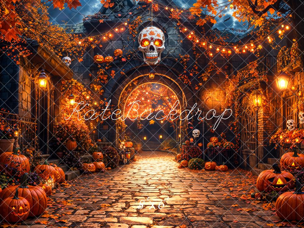 Kate Halloween Pumpkins Skull Cobblestone Path Backdrop Designed by Emetselch - Image 6