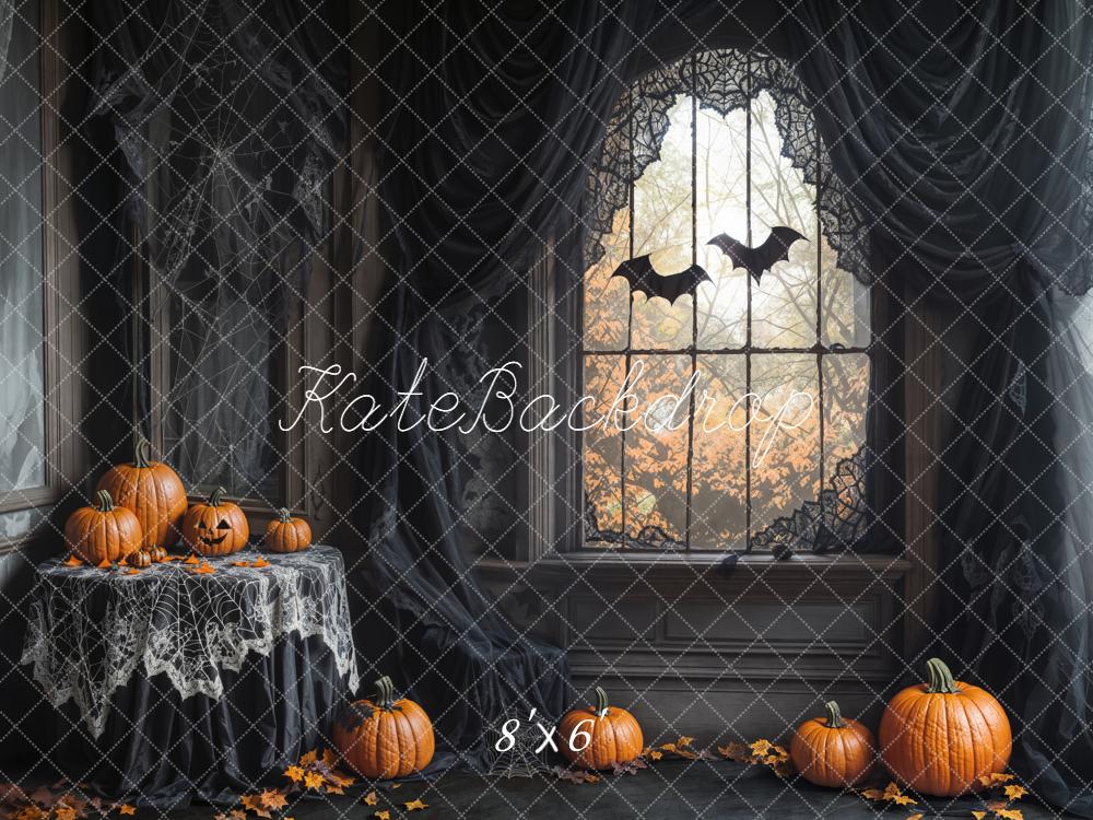 Kate Halloween Pumpkins Spider Web Bats Backdrop Designed by Emetselch - Image 3