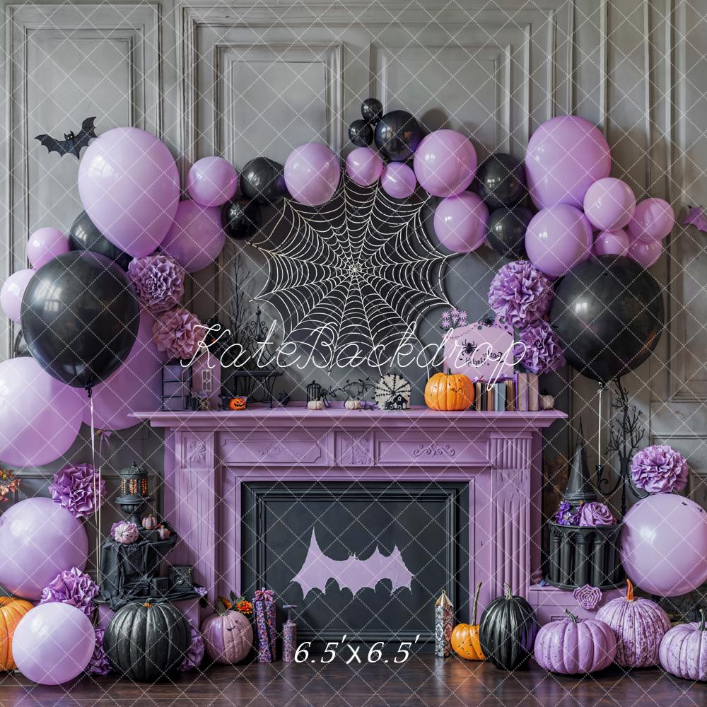 Kate Halloween Purple Balloons Spiderweb Fireplace Backdrop Designed by Emetselch - Image 2