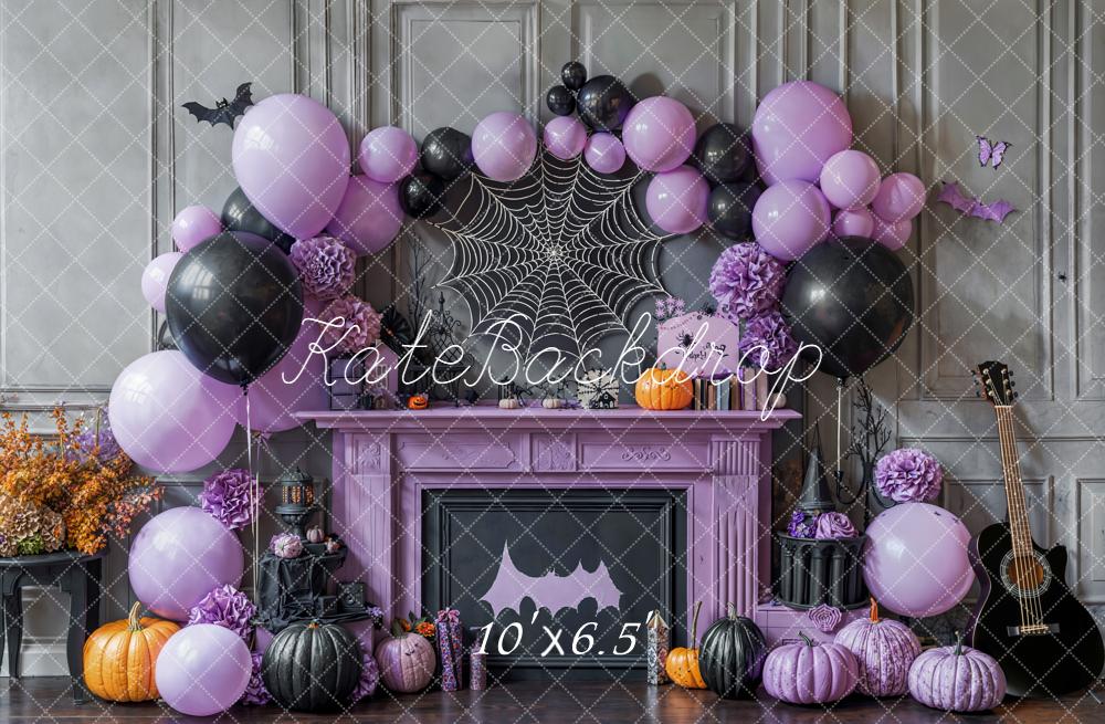 Kate Halloween Purple Balloons Spiderweb Fireplace Backdrop Designed by Emetselch - Image 4