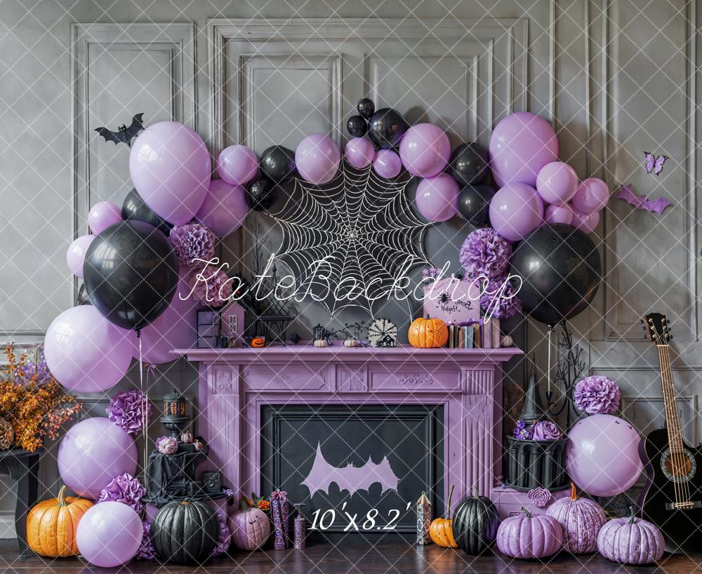 Kate Halloween Purple Balloons Spiderweb Fireplace Backdrop Designed by Emetselch - Image 6
