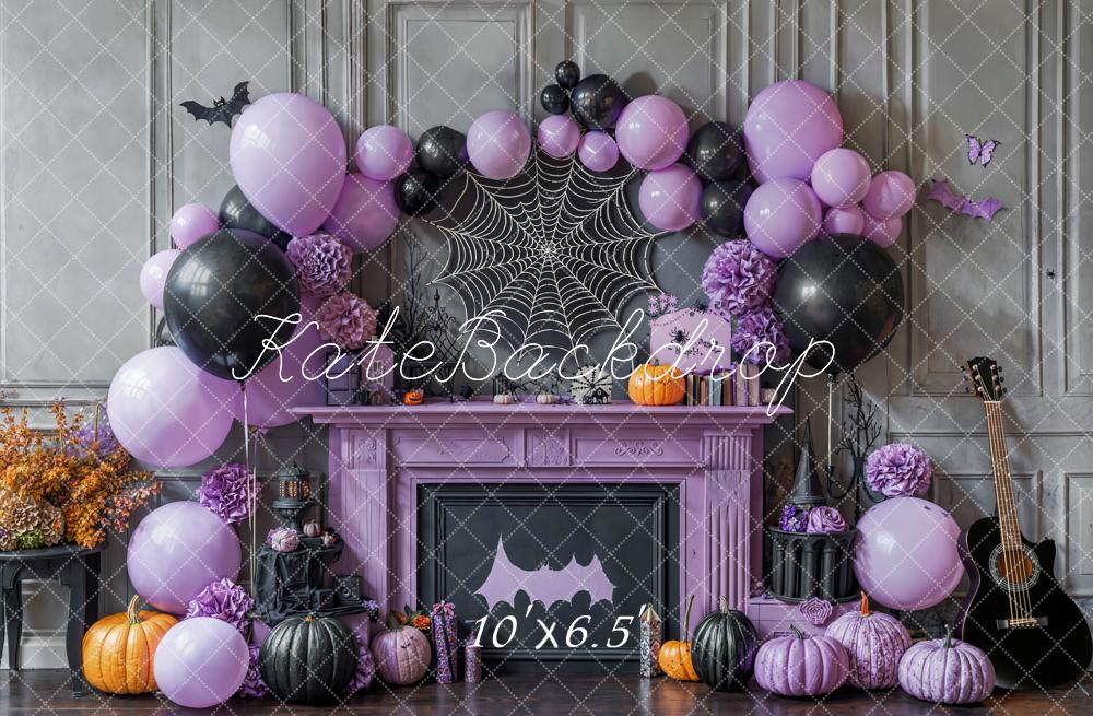 Kate Halloween Purple Fireplace Balloons Fleece Backdrop Designed by Emetselch - Image 2