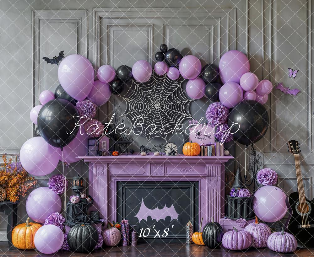 Kate Halloween Purple Fireplace Balloons Fleece Backdrop Designed by Emetselch - Image 3