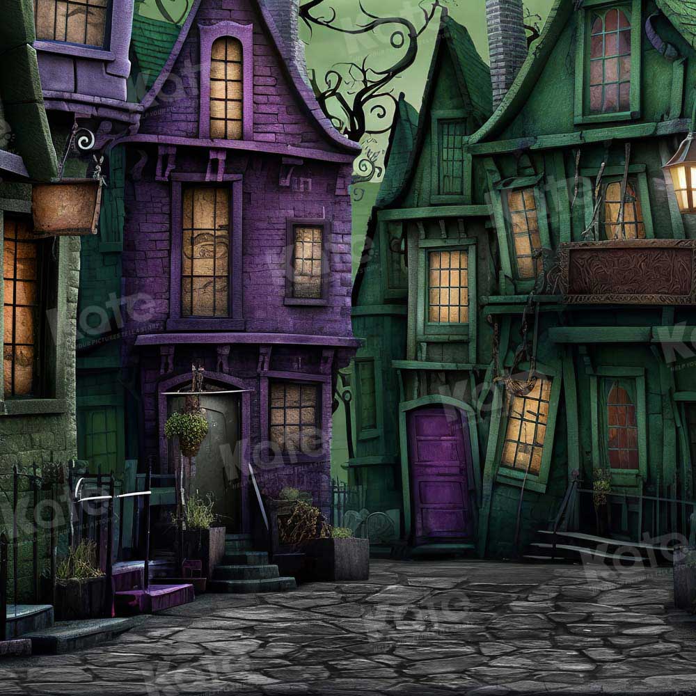 Kate Halloween Purple Green Deserted Street Backdrop for Photography - Image 2