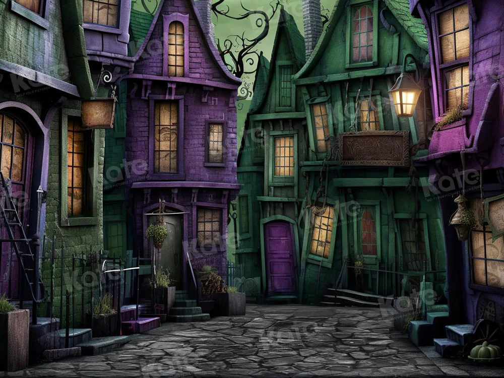 Kate Halloween Purple Green Deserted Street Backdrop for Photography - Image 3