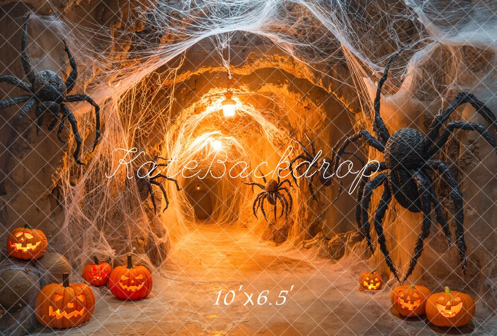 Kate Halloween Spider Web Pumpkins Tunnel Fleece Backdrop Designed by Emetselch - Image 2