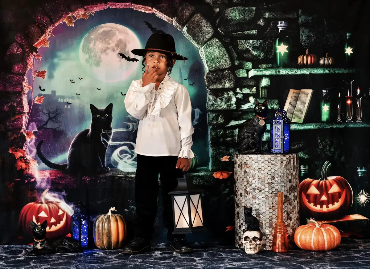 Kate Halloween Stone Arched Witch Room Backdrop Designed by Mini MakeBelieve