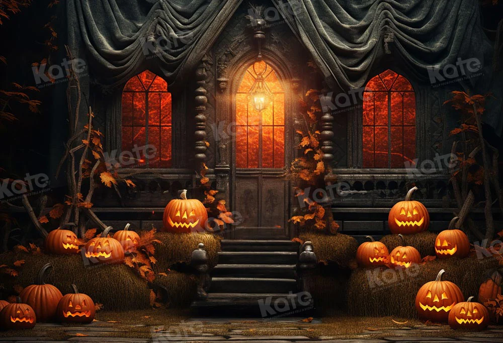 Kate Halloween Sunset Spooky Pumpkin House Backdrop for Photography - Image 2