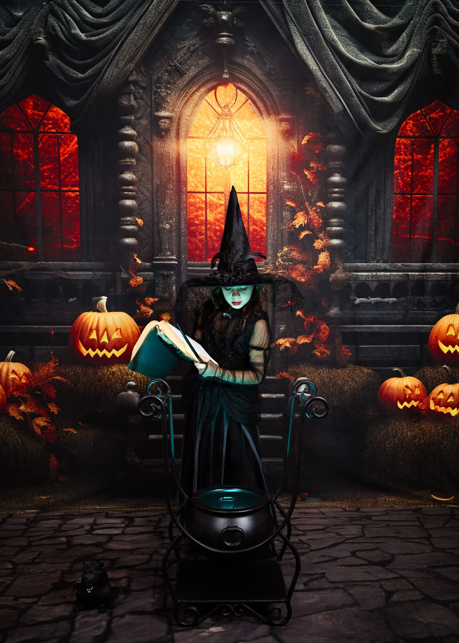Kate Halloween Sunset Spooky Pumpkin House Backdrop for Photography - Image 5