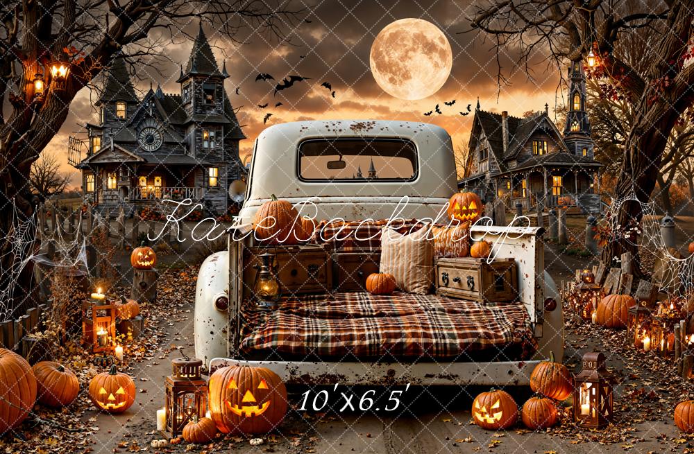 Kate Halloween Truck Haunted House Pumpkins Fleece Backdrop Designed by Emetselch - Image 2
