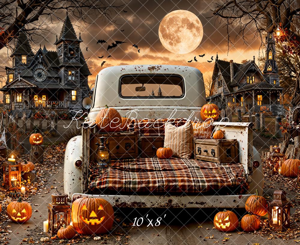 Kate Halloween Truck Haunted House Pumpkins Fleece Backdrop Designed by Emetselch - Image 3