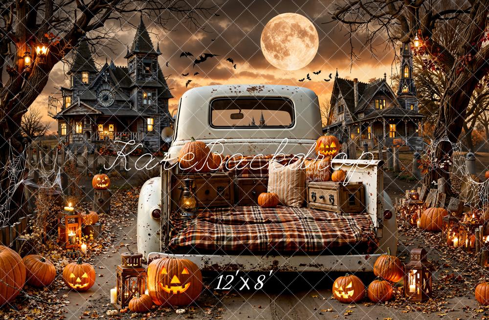 Kate Halloween Truck Haunted House Pumpkins Fleece Backdrop Designed by Emetselch - Image 4