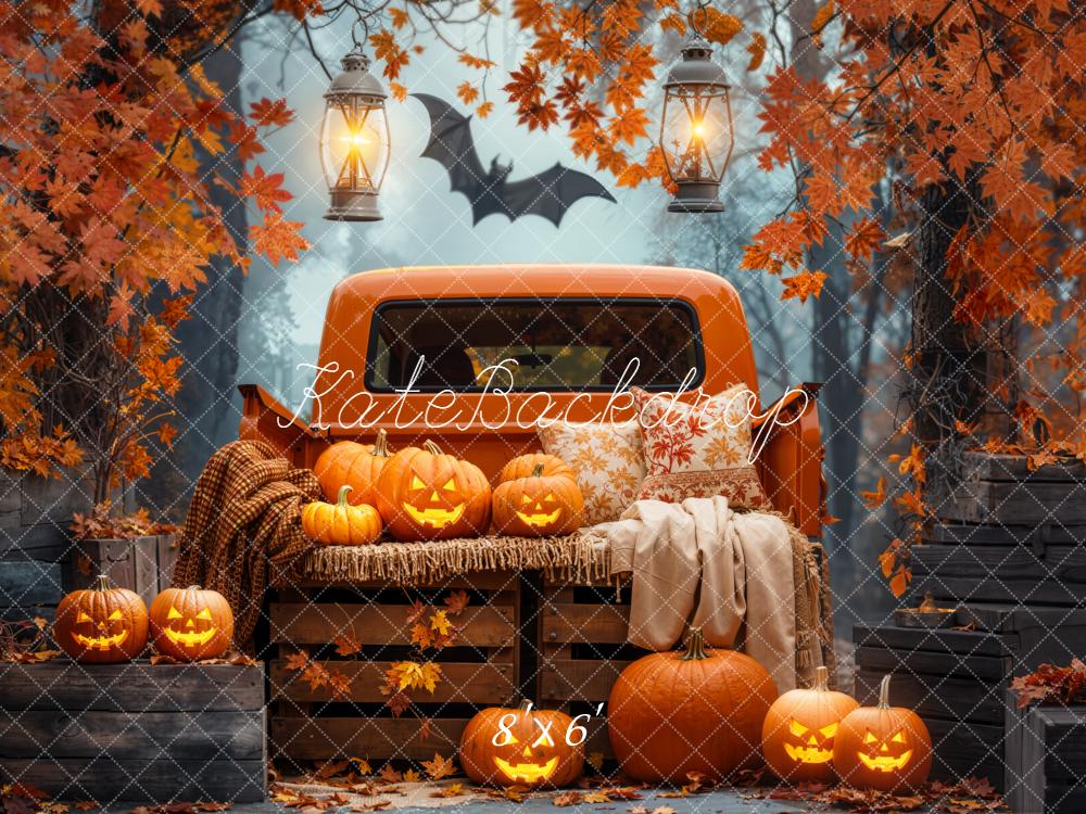 Kate Halloween Truck Pumpkins Autumn Forest Backdrop Designed by Emetselch - Image 3