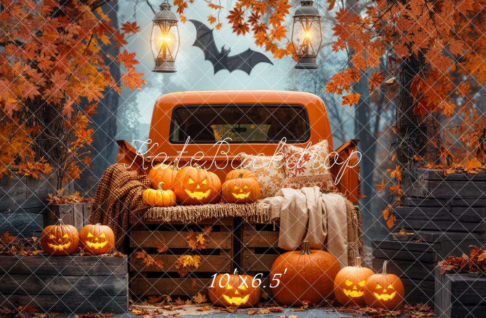 Kate Halloween Truck Pumpkins Autumn Forest Backdrop Designed by Emetselch - Image 4