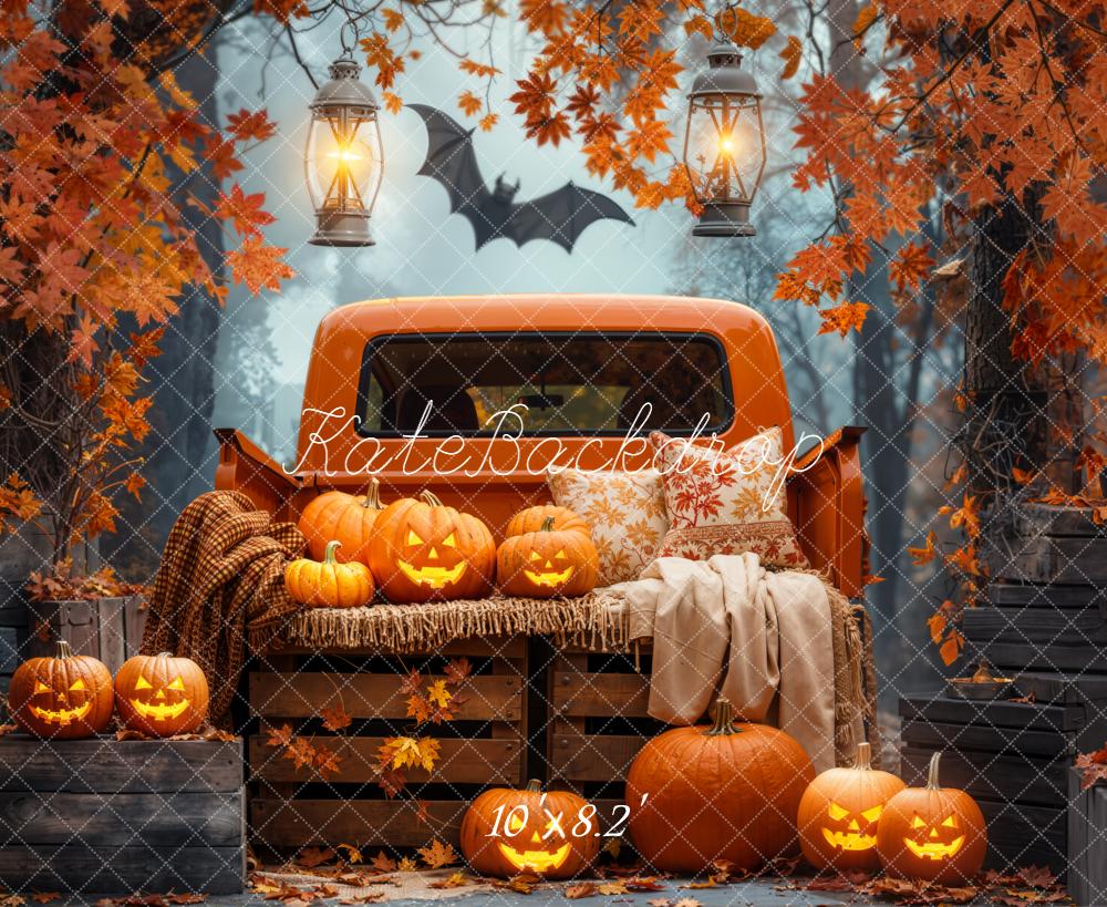 Kate Halloween Truck Pumpkins Autumn Forest Backdrop Designed by Emetselch - Image 6