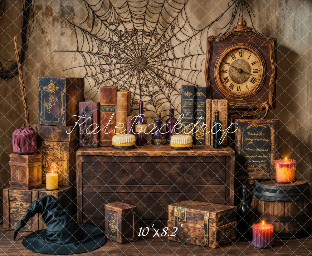 Kate Halloween Witch Spider Web Retro Clock Backdrop Designed by Emetselch - Image 5