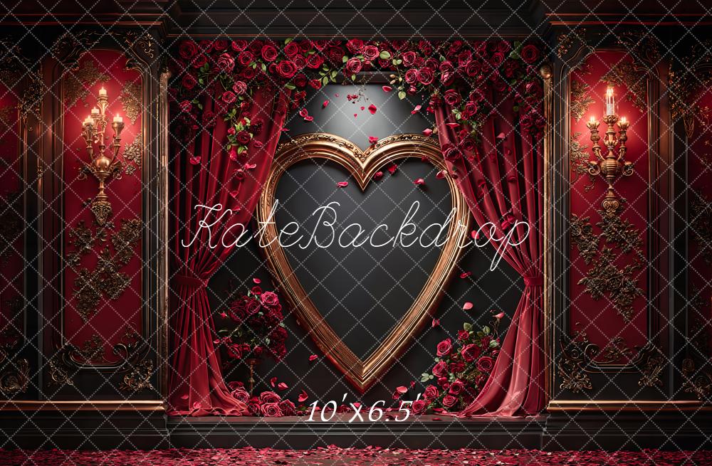 Kate Heart Frame Red Curtains Roses Fleece Backdrop Designed by Emetselch - Image 2