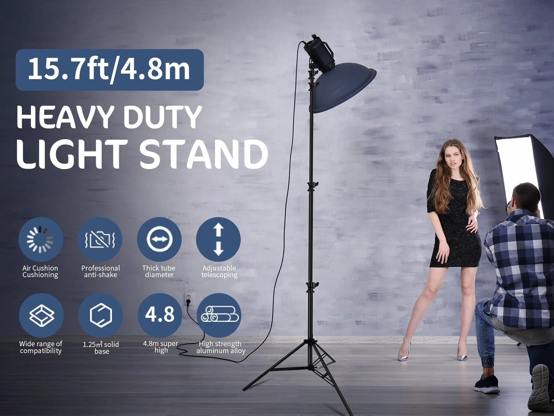 Kate Heavy Duty Light Stand Tripod - 15.7ft Air Cushioned Aluminum Alloy Lighting Stand with 2 Sandbags & 1/4"-3/8" Adapter 9.46lb Load for Photography - Image 3