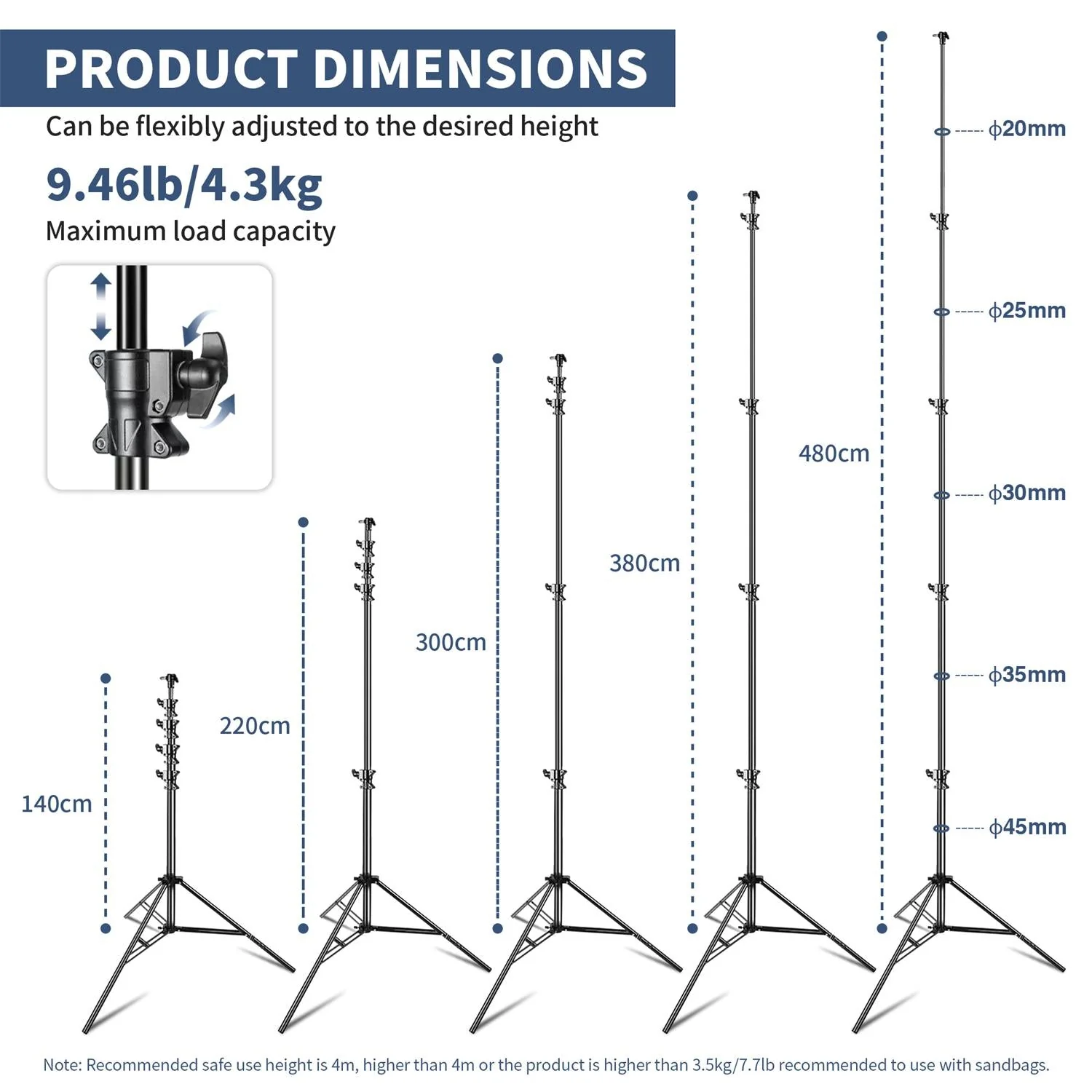 Kate Heavy Duty Light Stand Tripod - 15.7ft Air Cushioned Aluminum Alloy Lighting Stand with 2 Sandbags & 1/4"-3/8" Adapter 9.46lb Load for Photography - Image 4