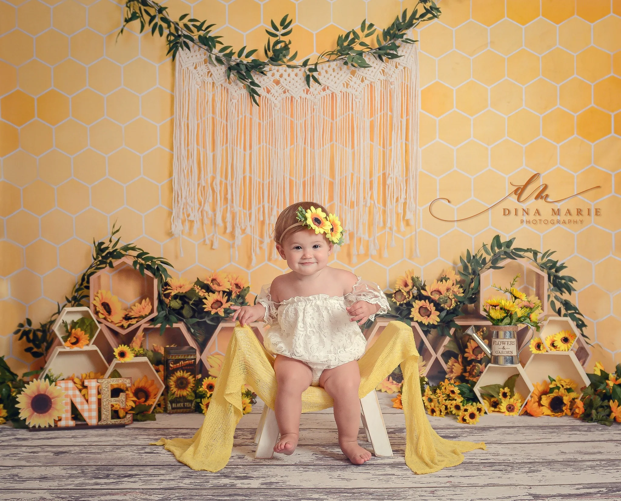 Kate Honeycomb Yellow Boho Cake Smash Backdrop Designed by Emetselch - Image 4