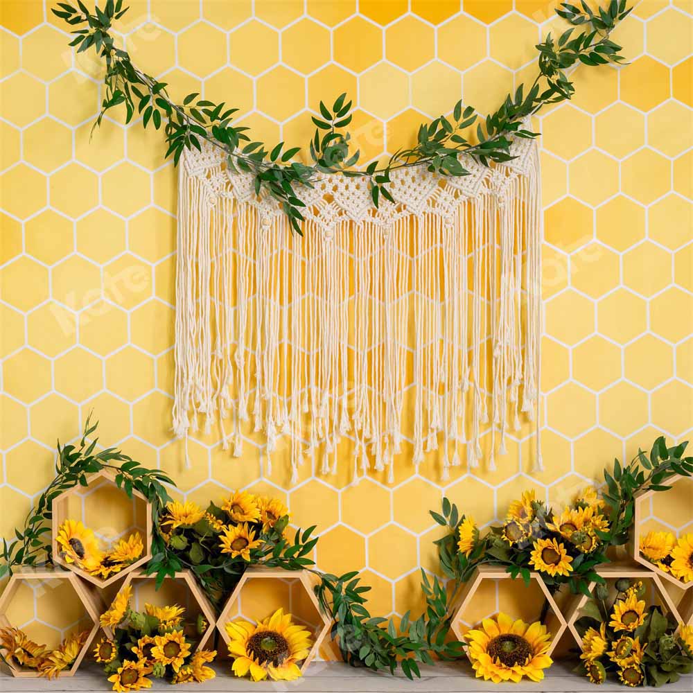 Kate Honeycomb Yellow Boho Cake Smash Backdrop Designed by Emetselch - Image 8