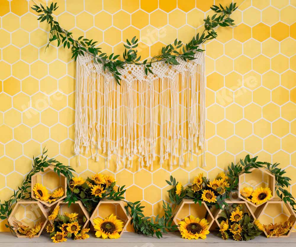 Kate Honeycomb Yellow Boho Cake Smash Backdrop Designed by Emetselch - Image 9