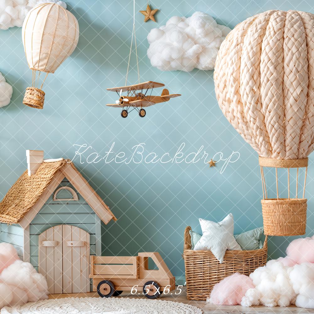 Kate Hot Air Balloon Aeroplane Clouds Blue Backdrop Designed by Emetselch - Image 2