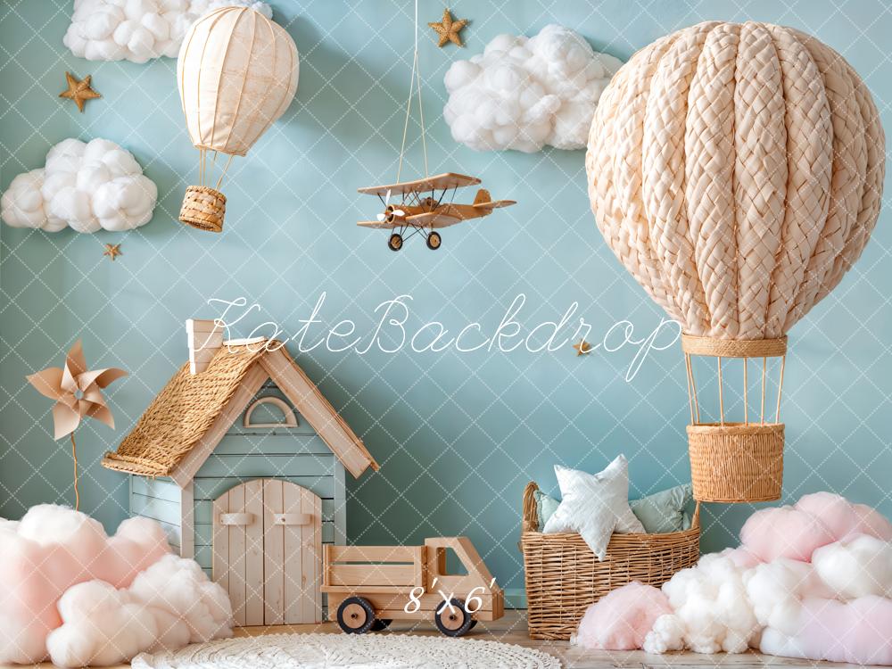 Kate Hot Air Balloon Aeroplane Clouds Blue Backdrop Designed by Emetselch - Image 3