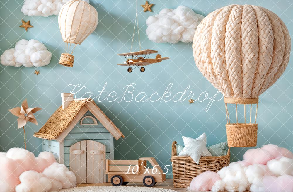 Kate Hot Air Balloon Aeroplane Clouds Blue Backdrop Designed by Emetselch - Image 4
