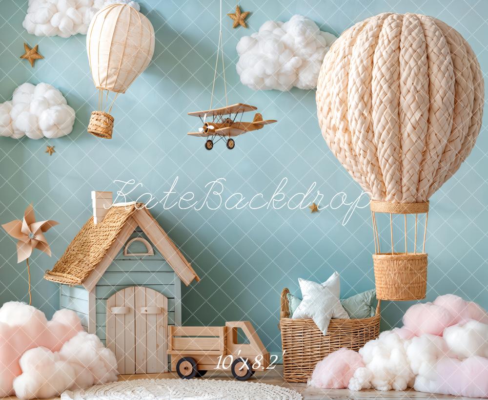 Kate Hot Air Balloon Aeroplane Clouds Blue Backdrop Designed by Emetselch - Image 6