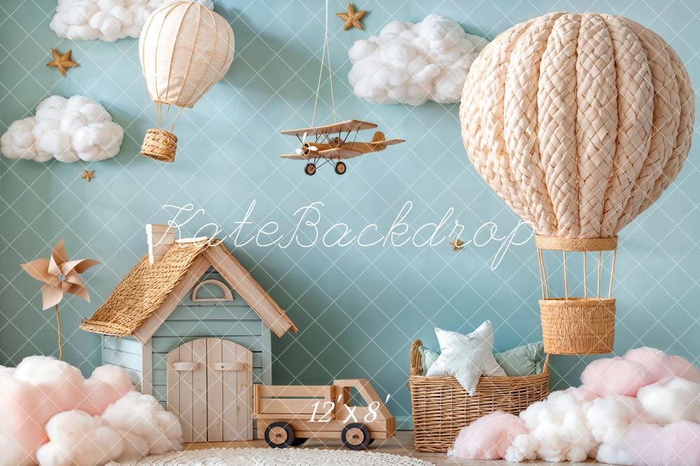 Kate Hot Air Balloon Aeroplane Clouds Blue Backdrop Designed by Emetselch - Image 8