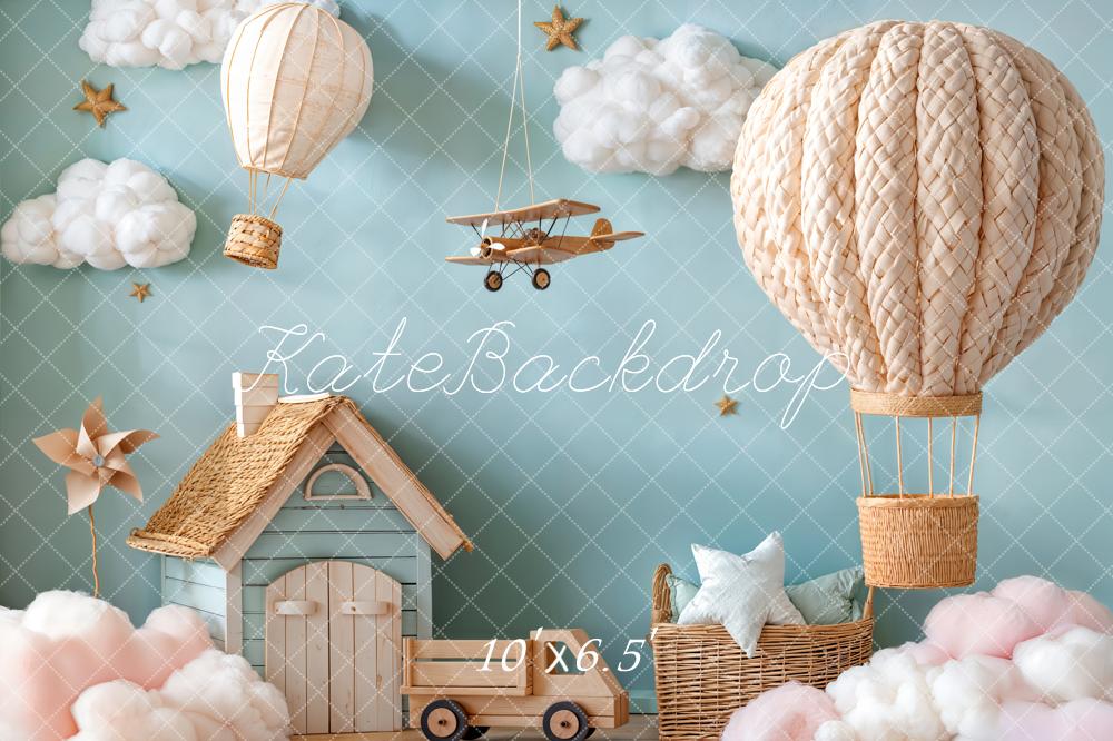 Kate Hot Air Balloon Aeroplane Clouds Fleece Backdrop Designed by Emetselch - Image 2