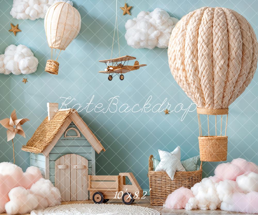 Kate Hot Air Balloon Aeroplane Clouds Fleece Backdrop Designed by Emetselch - Image 3